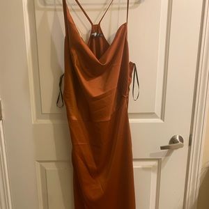 Rust Satin Drape Asymmetric Strap Midi Dress